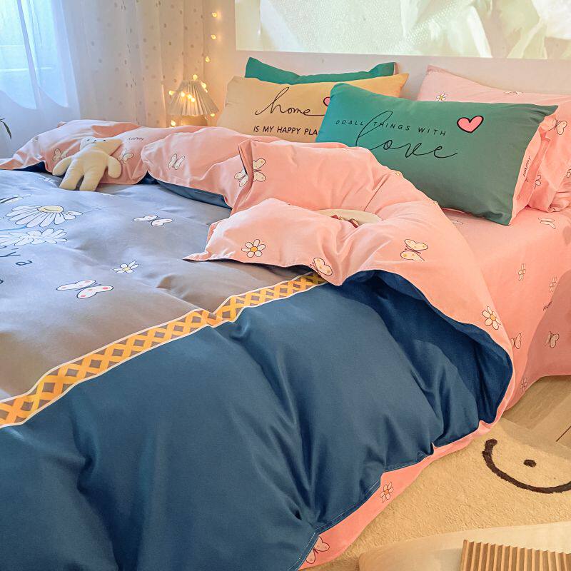 Dark green bed 4-piece washed-cotton Daisy quilt cover butterfly bed sheet 1.5m1.8m bed hat INS style