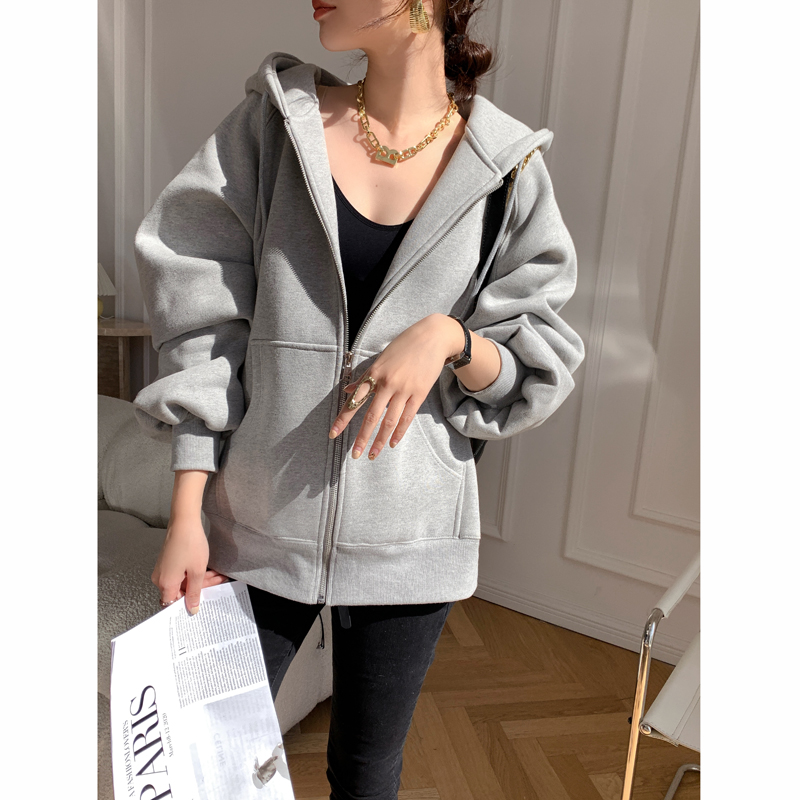 EAMDOE22 spring autumn new trendy temperament in long version grey thick cotton T cardiovert woman loose outline drawing rope jacket