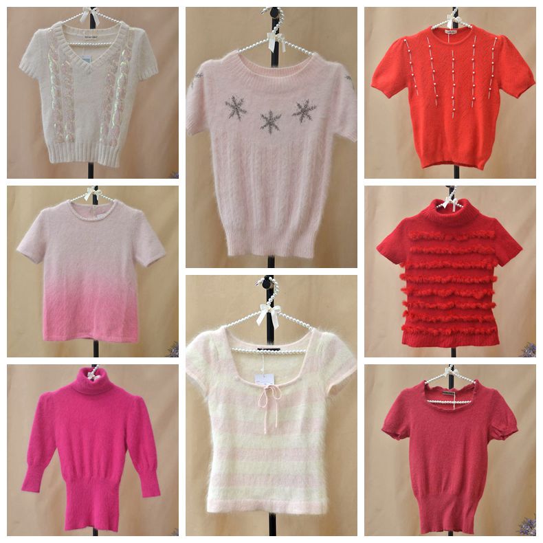 New Angora Rabbit Fur Rabbit Velvet Retro Versatile Girly Personality Hot-Selling Princess Sleeve Short-Sleeved Sweater Women's Clothing