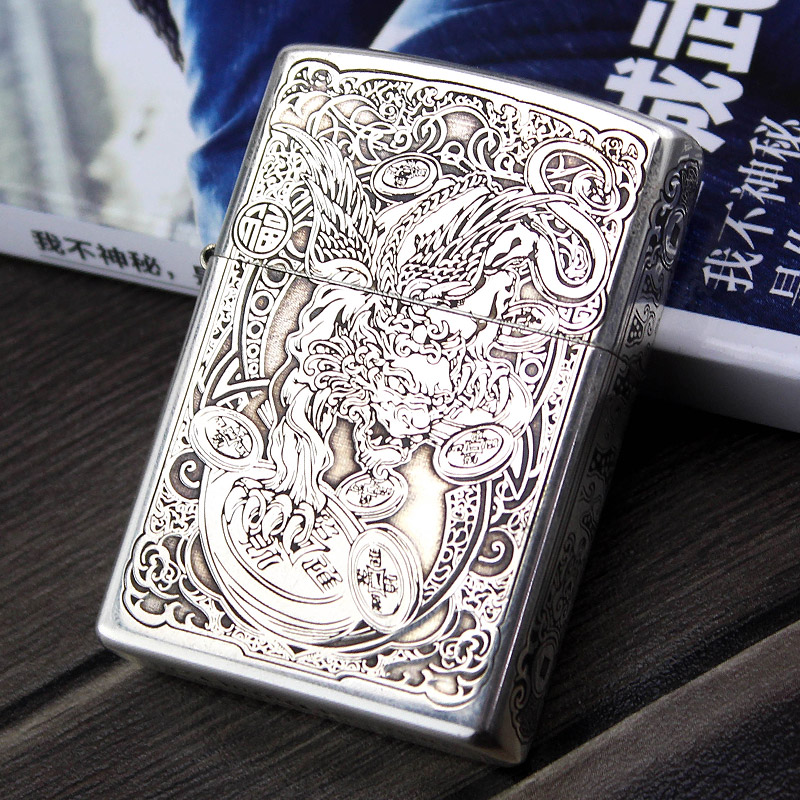 Sulo 999 pure silver kerosene lighter silver housing zorro old retro cover carving send leader to send husband