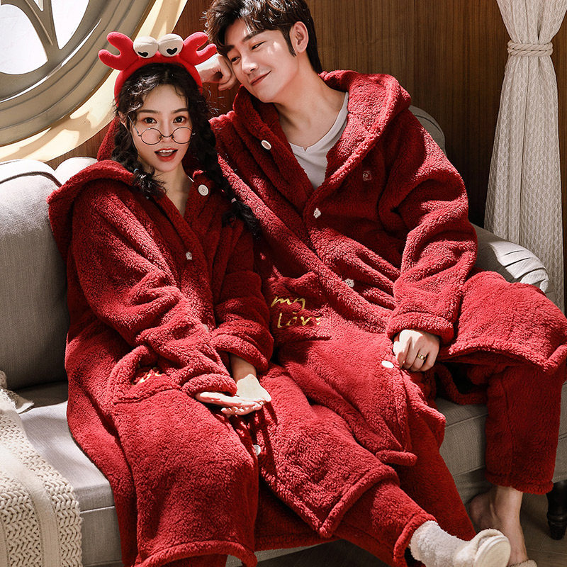 Sleeping Burqa Woman Autumn Winter Red Wedding Bride Newlyweds Sleepwear Lovers Suit Morning Gown Coral Suede Bathrobe Men's Life