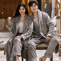 Coral velvet nightgown bathrobe Mens autumn and winter couple warm pajamas women thickened long flannel two-piece suit