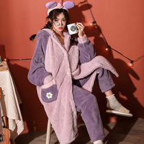 Autumn and winter sleeping robes Women plus suede Thickened Coral Suede Long style Cute Pyjamas Woman Spring Autumn Bathrobe Flannel Suede Home