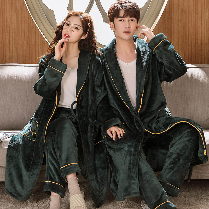Pajamas Women's Autumn Winter Long Version Coral Suede Bathrobe Men Lovers Sleeping Robes Spring Autumn Sky Thicken Plus Suede Home Clothes