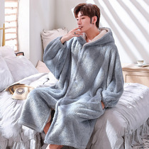 Coral velvet nightgown Mens bathrobe winter thickened warm plus velvet morning robe home clothes pajamas extended autumn and winter models