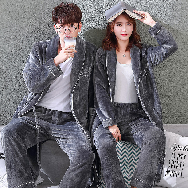 Nightgown couple pajamas men autumn and winter large size plus velvet coral velvet bathrobe women winter flannel padded long version