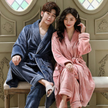 Nightgown womens autumn and winter long couple coral velvet plus velvet mens pajamas winter blue velvet bathrobe plus pajamas two-piece set