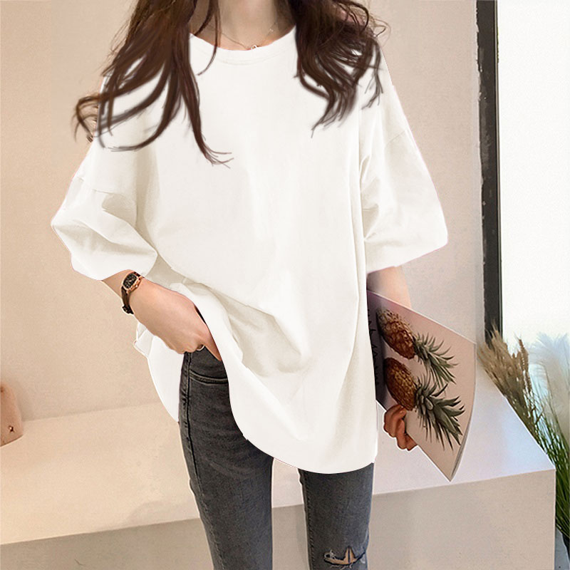 White [35]Big size Women's wear 2021 summer Korean version Medium and long term summer jacket Lazy wind Middle sleeve easy Short sleeve T-shirt female