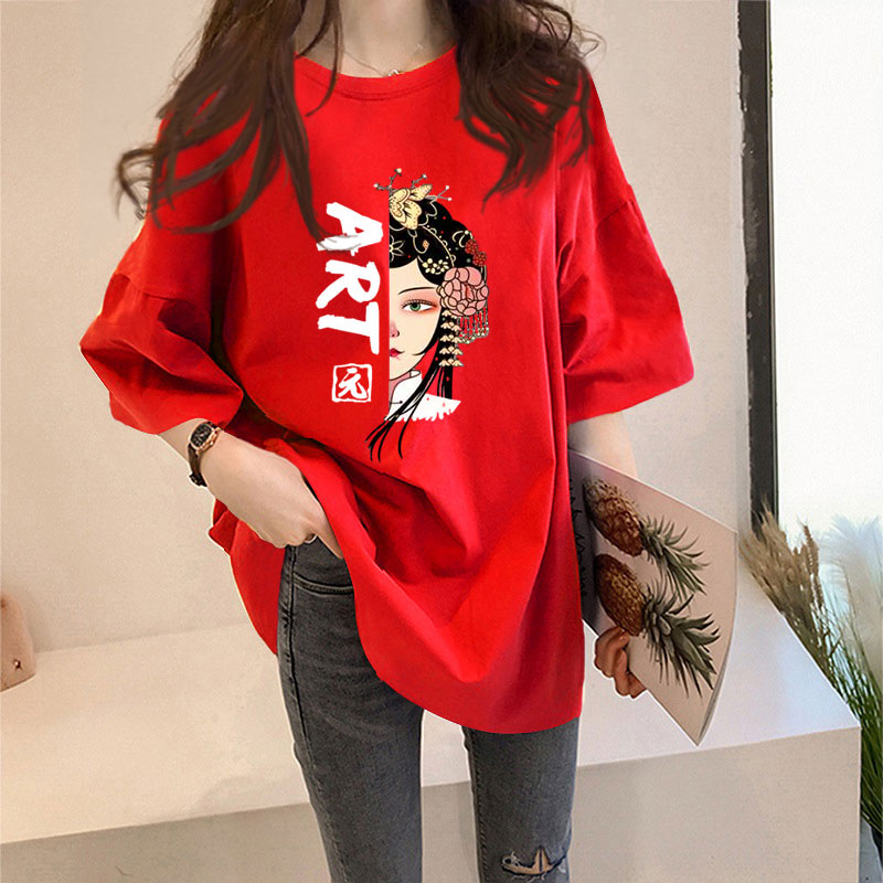 Scarlet [490 Peking Opera Faces]Big size Women's wear 2021 summer Korean version Medium and long term summer jacket Lazy wind Middle sleeve easy Short sleeve T-shirt female