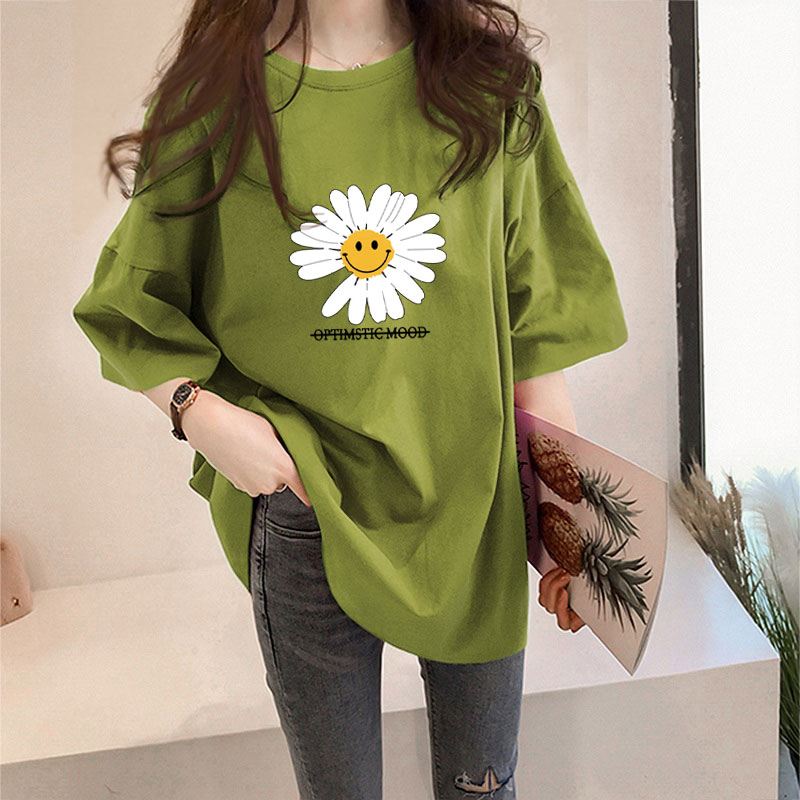 Green [491 Daisy smile]Big size Women's wear 2021 summer Korean version Medium and long term summer jacket Lazy wind Middle sleeve easy Short sleeve T-shirt female