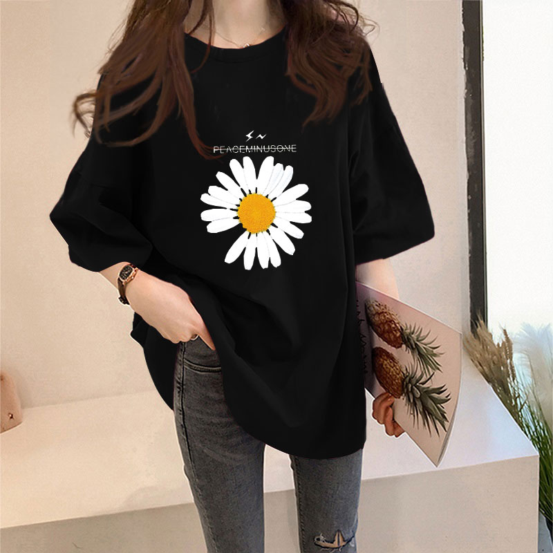 Black [393 little daisies]Big size Women's wear 2021 summer Korean version Medium and long term summer jacket Lazy wind Middle sleeve easy Short sleeve T-shirt female