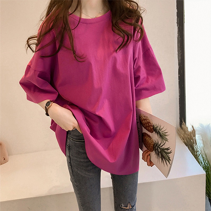 Rose RedBig size Women's wear 2021 summer Korean version Medium and long term summer jacket Lazy wind Middle sleeve easy Short sleeve T-shirt female