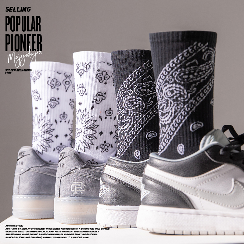 Tide brand black cashew flower national wind socks men's mid-tube socks summer thin cotton stockings women's ins tide long tube