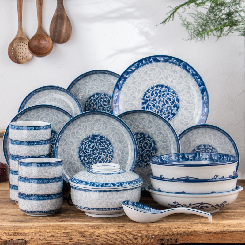 Fangming imported ceramic tableware suit of blue and white porcelain plate suit household special combination microwave tableware restoring ancient ways