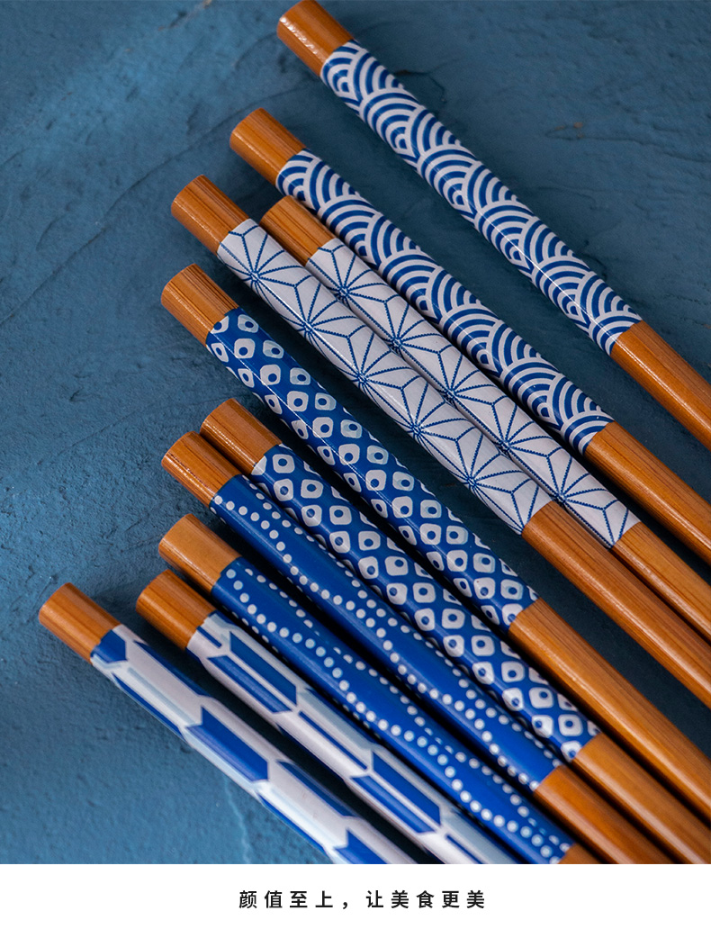 Five people use imported teaspoons of Five pairs of chopsticks sets of bamboo chopsticks + and wind patterns ceramic glaze next Five color spoon, spoon