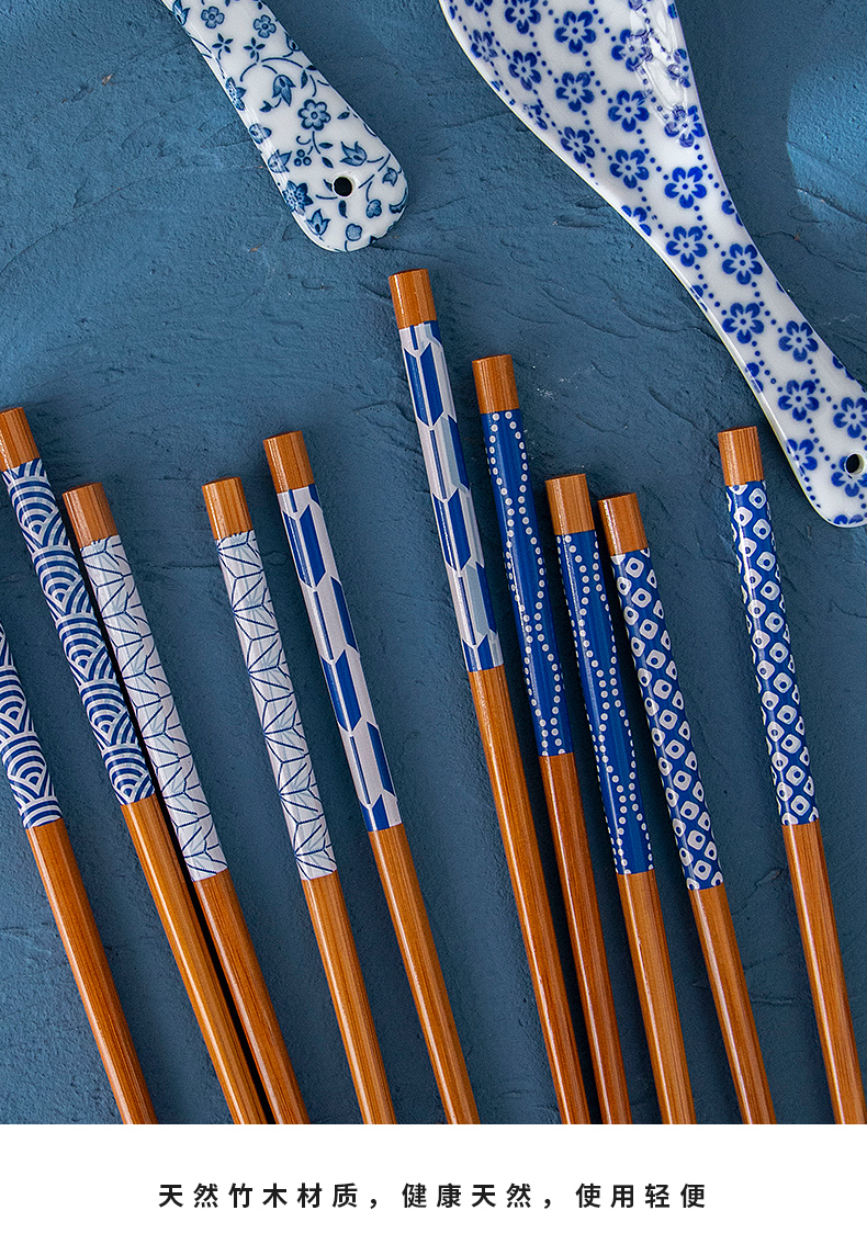 Five people use imported teaspoons of Five pairs of chopsticks sets of bamboo chopsticks + and wind patterns ceramic glaze next Five color spoon, spoon