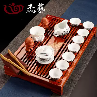 Tea set set set set of ceramic blue and white kung fu tea set solid wood kewood tea tray Tea home white porcelain tea set