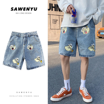 Cartoon Denim Shorts Mens Korean Version Trendy Personality Printed Medium Pants Summer Thin Loose 100 Hitch 50% Pants Man