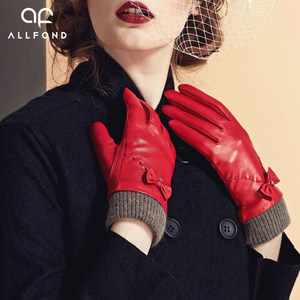 欧凡迪冬季真皮手套女士防风保暖皮手套蝴蝶结山羊皮开车手套加厚