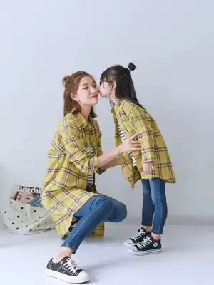 2021 autumn new loose Western style parent-child casual plaid long shirt suit Korean pure cotton mother-daughter suit
