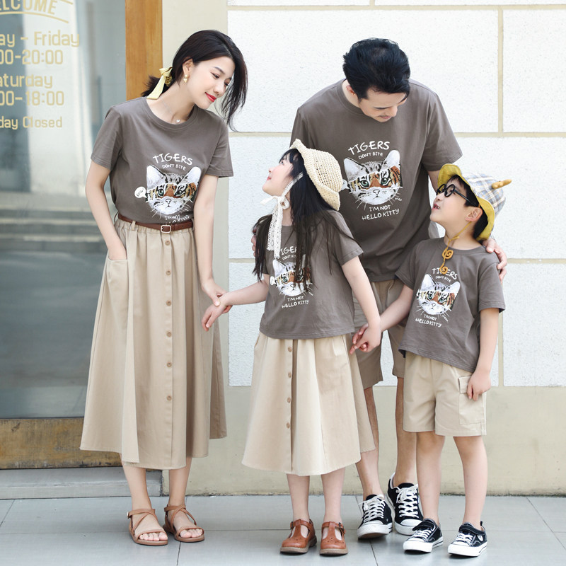2022 Summer clothes new family of three mouths Four-mouth Guochao Tide Pro pure cotton Tiger Tut T-shirt Mother and mother female suit