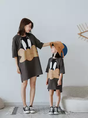 2021 summer new Western school loose parent-child clothing tide Korean cartoon printing pure cotton mother-daughter clothing western clothes