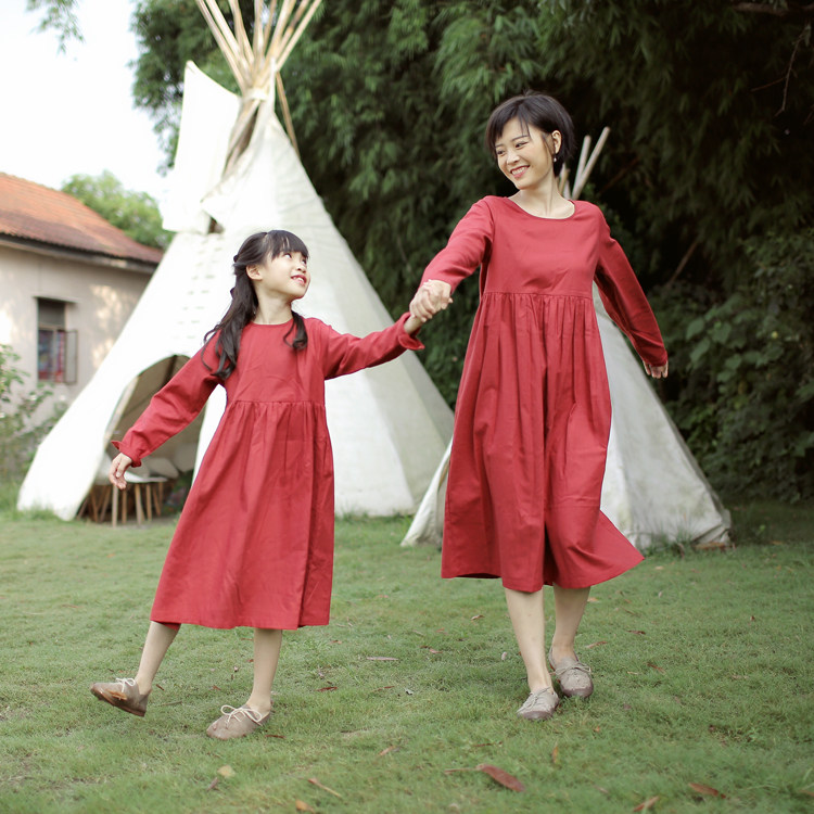2021 spring new style shake sound literary style hemp cotton loose parent-child dress dress mother-daughter red long dress