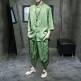 Летнее шелковое ханьфу, мужской комплект, рубашка, штаны, китайский стиль