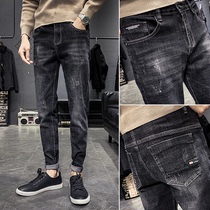 Jeans men 2021 autumn and winter Tide brand elastic slim Korean trend black plus velvet men casual small feet trousers