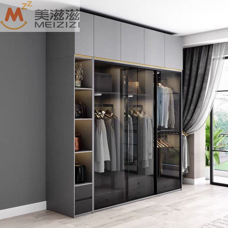 Modern minimalist sliding door wardrobe home bedroom light luxury glass door net red assembly cloakroom sliding door large wardrobe