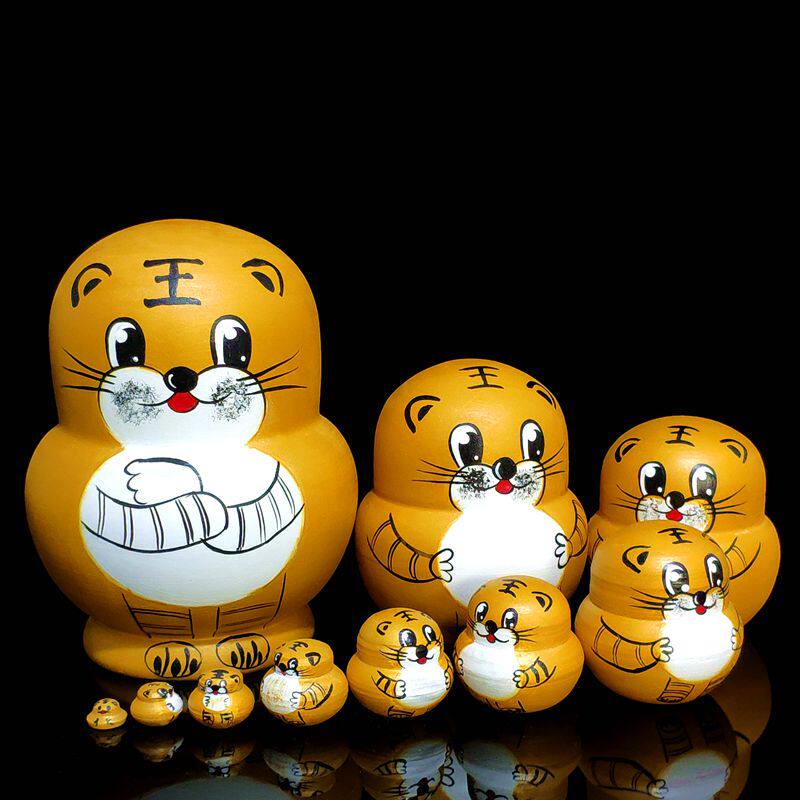 Russian doll 10 - story funny tiger creative hand - made children's toy gift piece dry wood