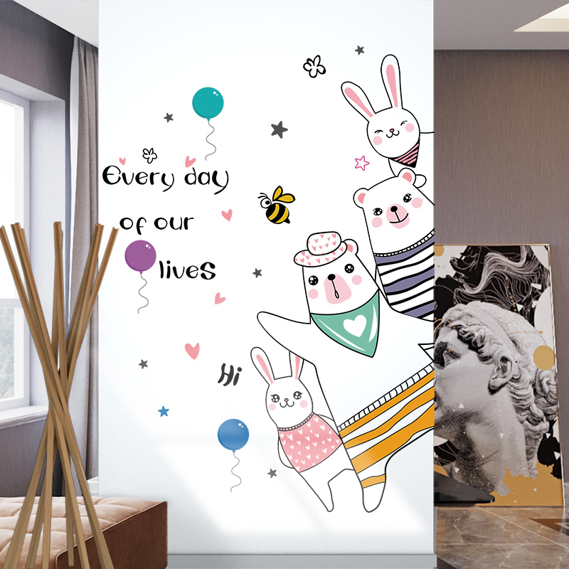 Cartoon wall stickers self-stick wallpaper small pattern warm bedroom wall decoration children's room arranged wall affixed