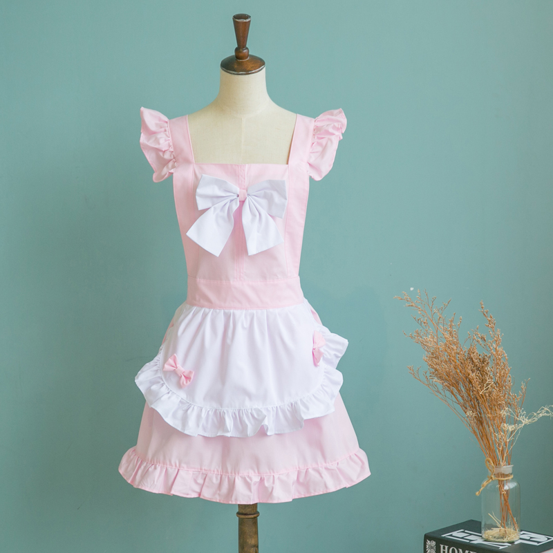 Princess maid fun apron female Korean fashion kitchen skirt Cute Japanese pink lace housework overalls