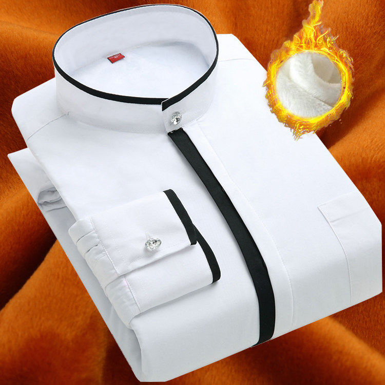 Winter men's stand-up collar warm shirt Velvet thick crew neck shirt Chinese stand-up collar tunic men's warm