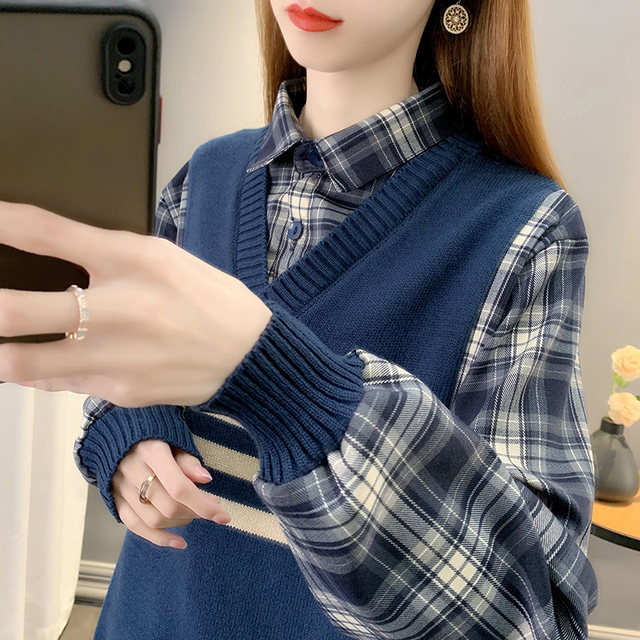 Plaid shirt women's 2023 autumn and winter new short long-sleeved shirt jacket knitted vest fake two-piece top