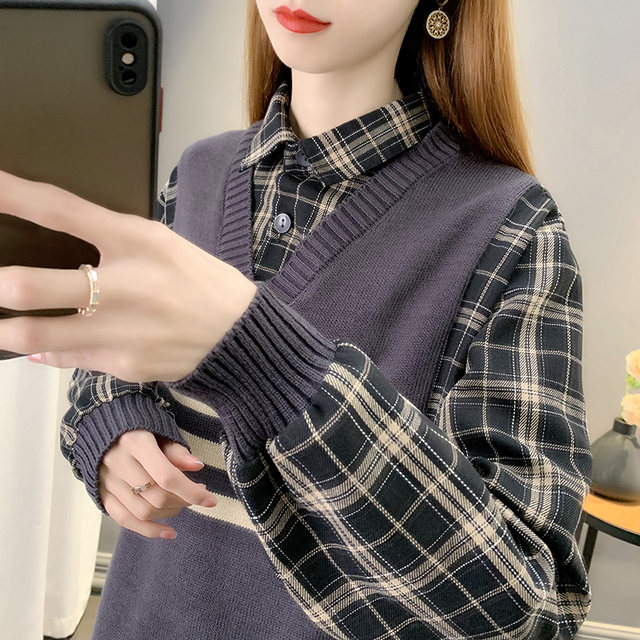 Plaid shirt women's 2023 autumn and winter new short long-sleeved shirt jacket knitted vest fake two-piece top