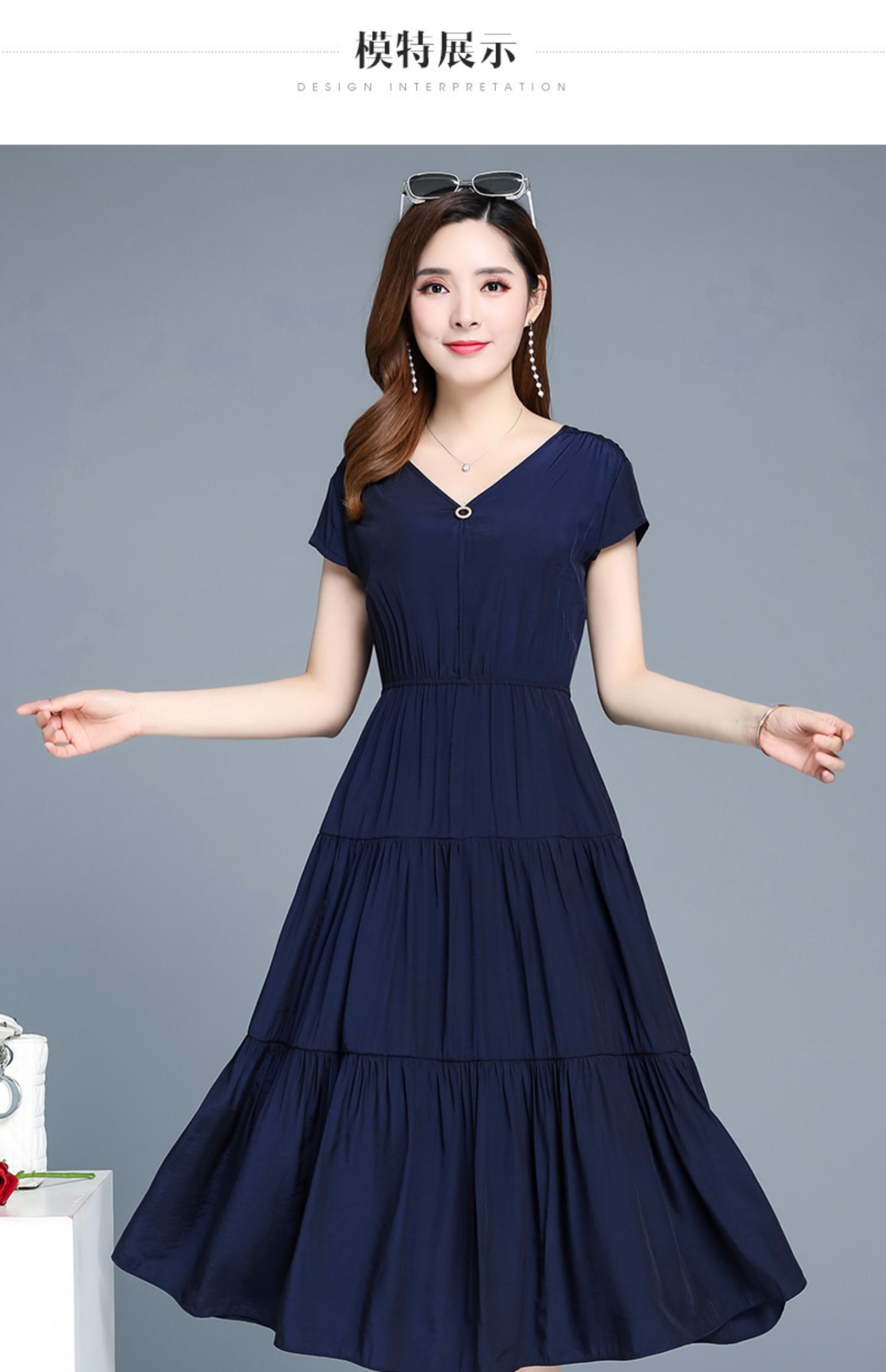 Mùa hè mới 2019 của phụ nữ phiên bản Hàn Quốc của khí chất là áo liền thân mỏng màu ngắn tay thắt eo dài cổ chữ V - Váy eo cao váy hở eo