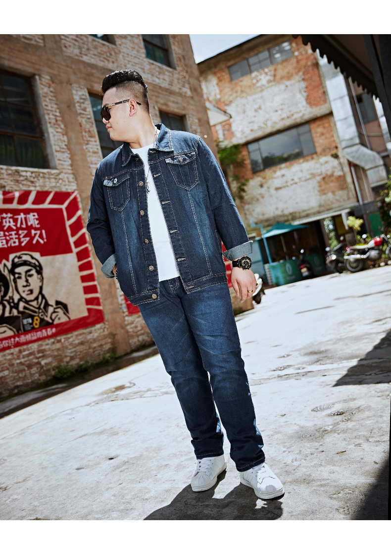 Mùa thu và mùa đông mẫu quần áo denim co giãn rộng, áo khoác nam cộng với phân bón XL áo nam