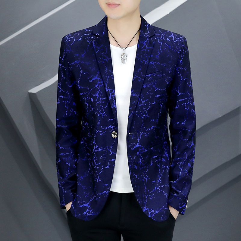 Spring and Autumn Fashion Blue and White Pattern Men's Suit Trendy Floral Suit Casual Top Korean Style Slim Fit Suit Jacket Spring and Autumn Fashion Blue and White Pattern Men's Suit Trendy Floral Suit Casual Top Korean Style Slim Fit Suit Jacket