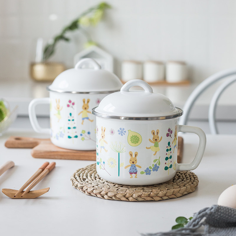 BOBAO Cartoon Day Thickened Enamel Cup With Lid Large Capacity Water Glass Milk Cup Mark Cup Foam Face Cup Pig Oil