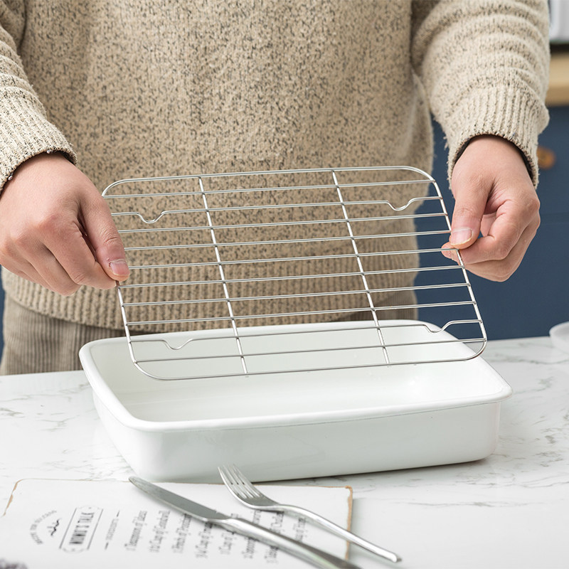 BOBAO rectangular enamel baking tray thickened curled fried chicken tray baking bread tray with lid matching plate preservation box