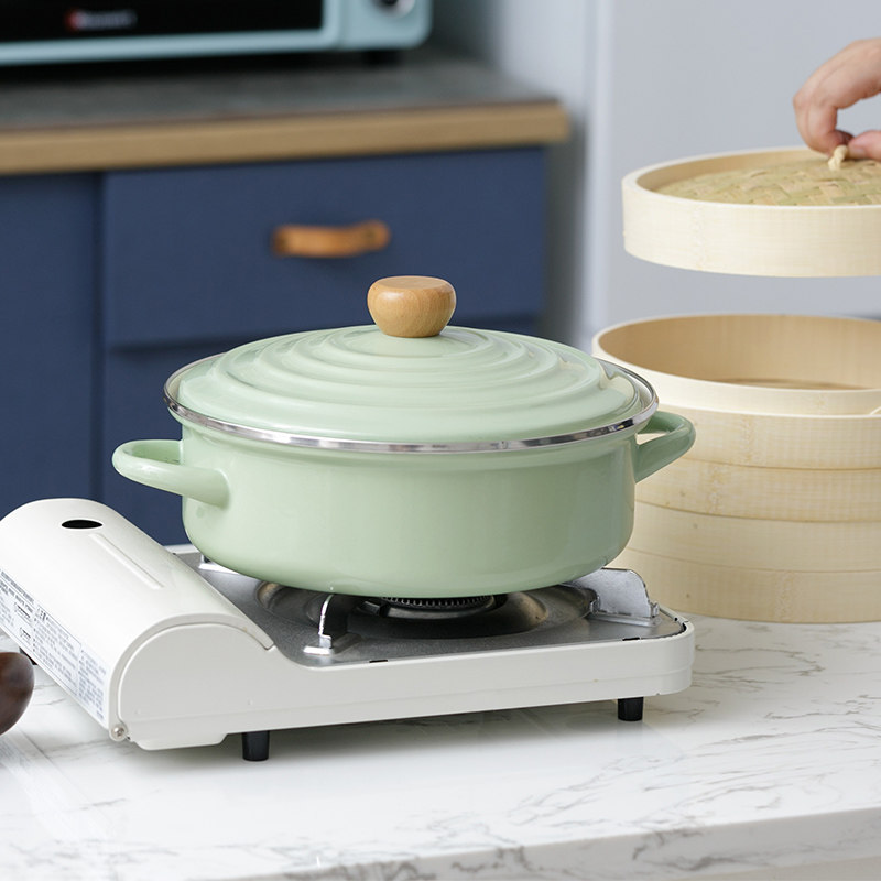 BOBAO Day-style enamel pot thickened 26cm double ear pot soup pot saucepan enamel hot pot induction stove Gas generic
