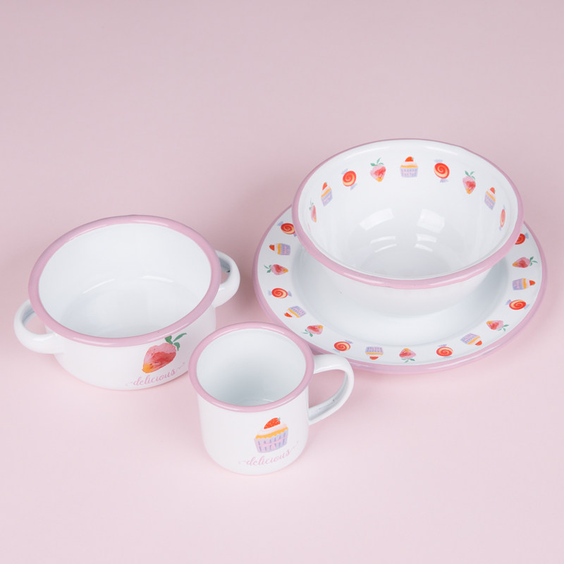 BOBAO Original Strawberry Hearts Series Enamel Cutlery Enamel Bowls Children Drinking Water Cups Strawberry Bowls Enamel Pan