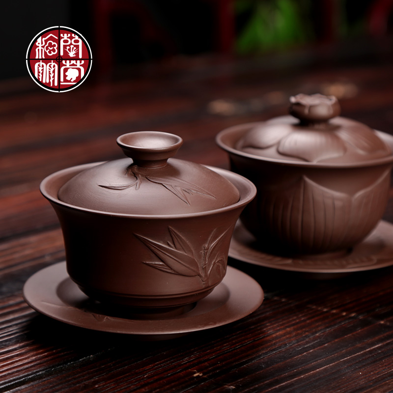 Kung fu tea tureen large bowl to bowl three Chinese violet arenaceous elder brother office household ceramics up heat with tea