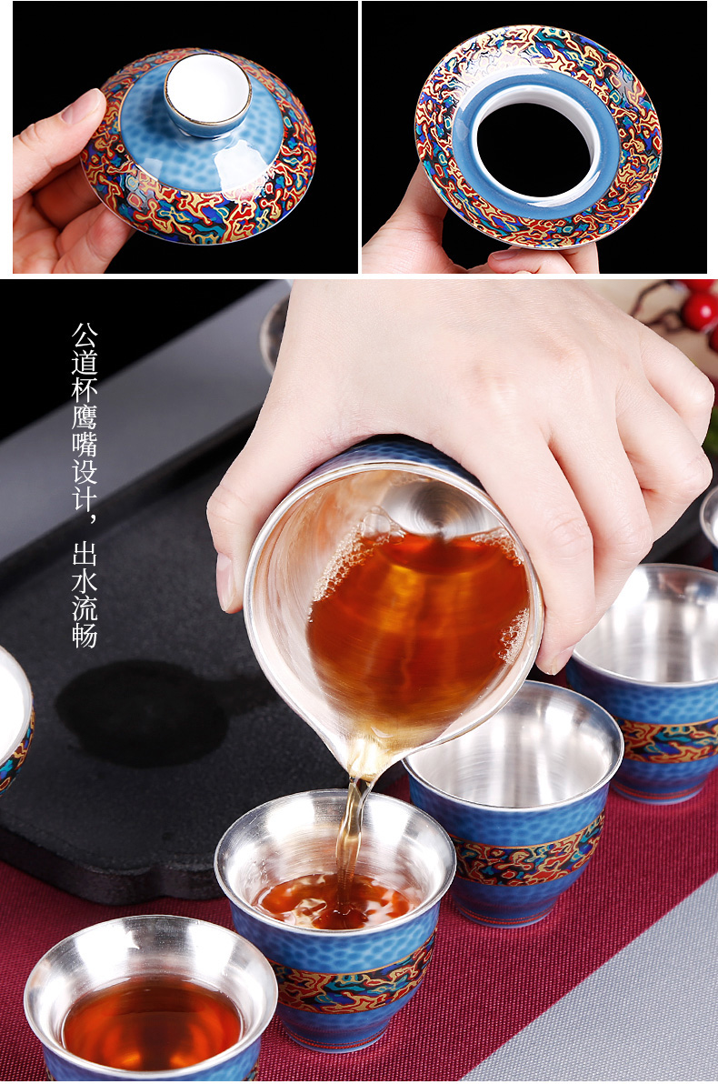 Kung fu tea set suit pure manual coppering. As silver tureen cups antique imitation Chinese lacquer porcelain gifts gift box of a complete set of restoring ancient ways