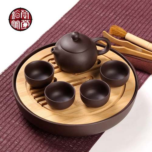 Zisha Kung Fu Tea Set маленький домохозяйство небольшой пользовательский логотип простой круглый чайный диск