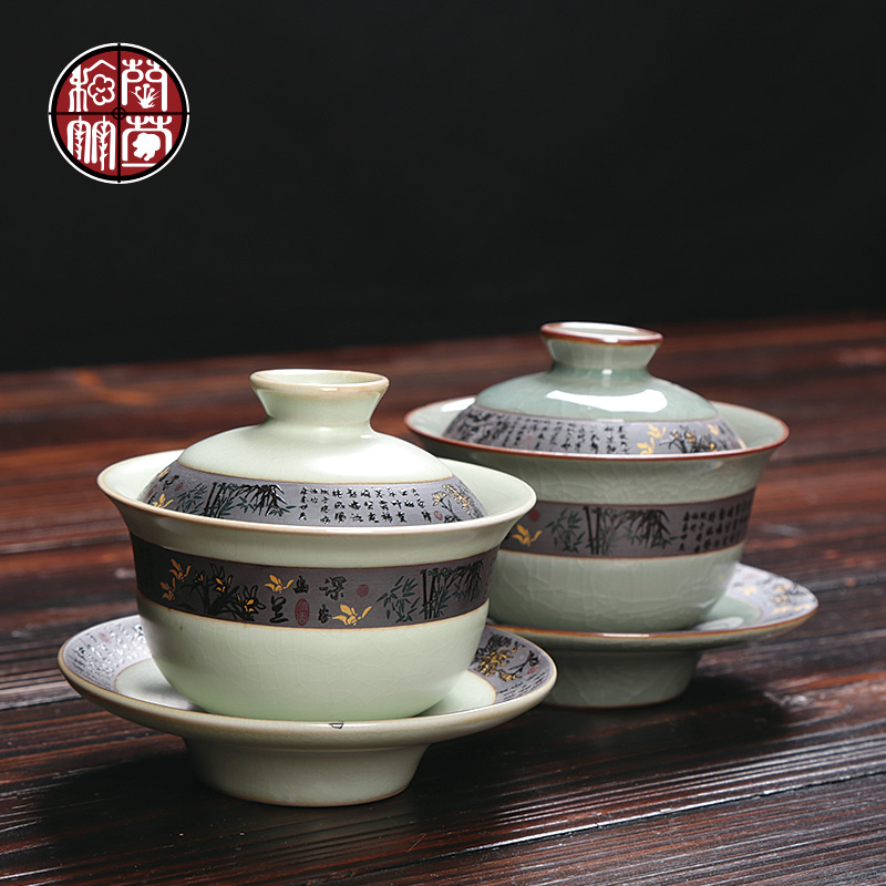 Kung fu tea tureen large bowl to bowl three Chinese violet arenaceous elder brother office household ceramics up heat with tea