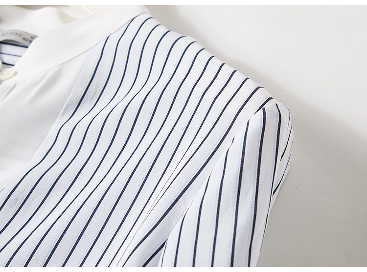 春秋装新款真丝衬衫口袋小立领条纹小心机衬衣拼色通勤休闲上衣女详情23