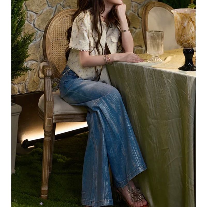 Tun Tun Spring/Summer [Flowing Silver Pants] Long-Legged, High-End Handmade Gold-Stamped High-Waisted Slimming Flared Jeans for Women