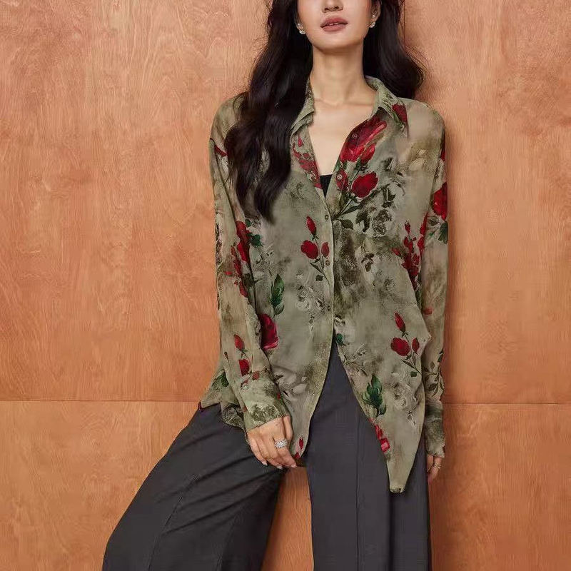 Retro Printed Long-Sleeved Shirt, Loose, Slimming and Versatile, Hong Kong Style Printed Shirt, Fashionable Design, Niche and Unique Style
